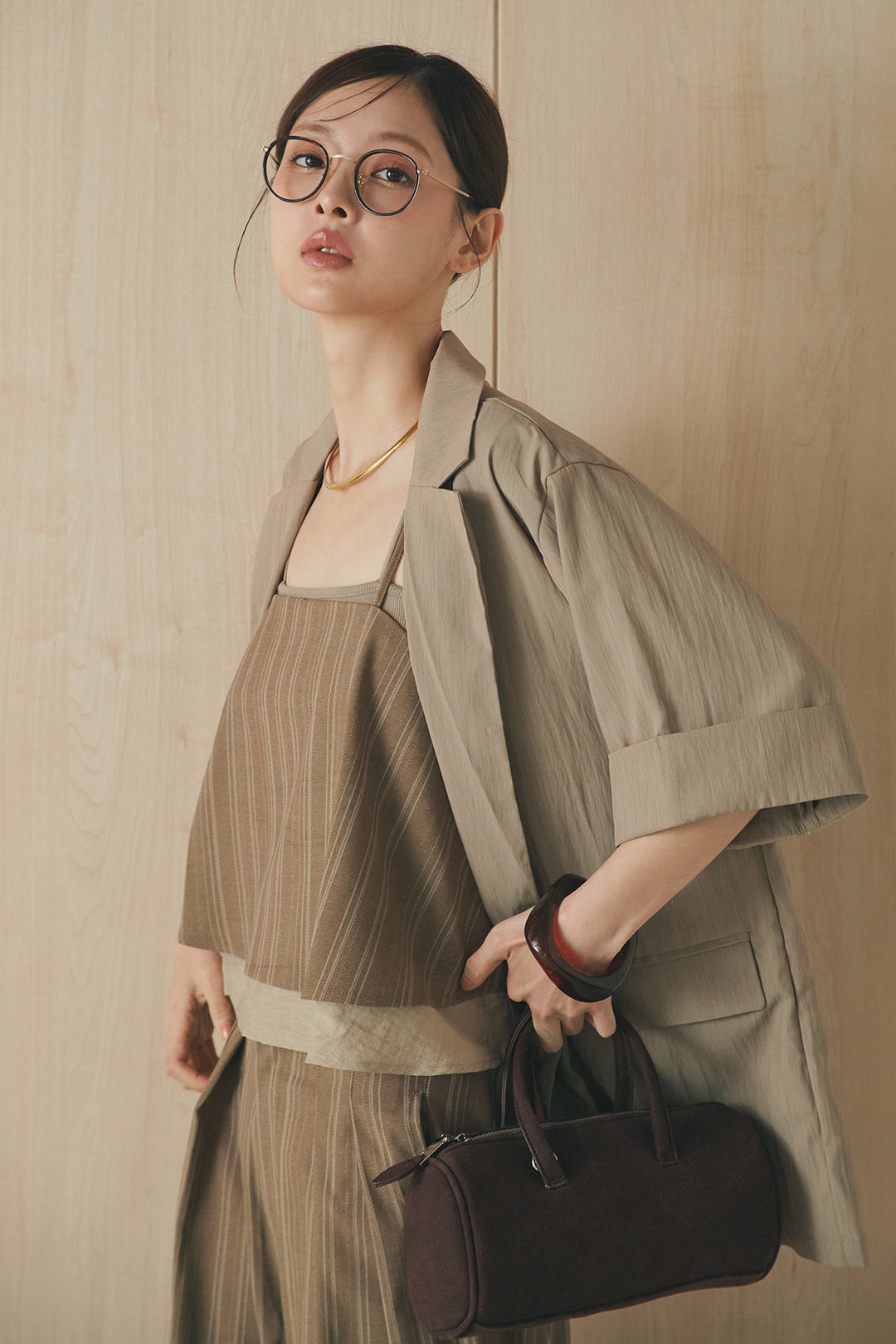 [SET]リネンストライプレイヤードキャミ+リネンストライプタックワイドパンツ(2set)