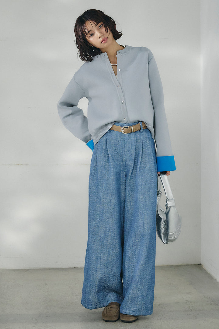 [SET]リバーシブル配色ニットカーディガン+デニムライクヘリンボーンタックパンツ(2set)