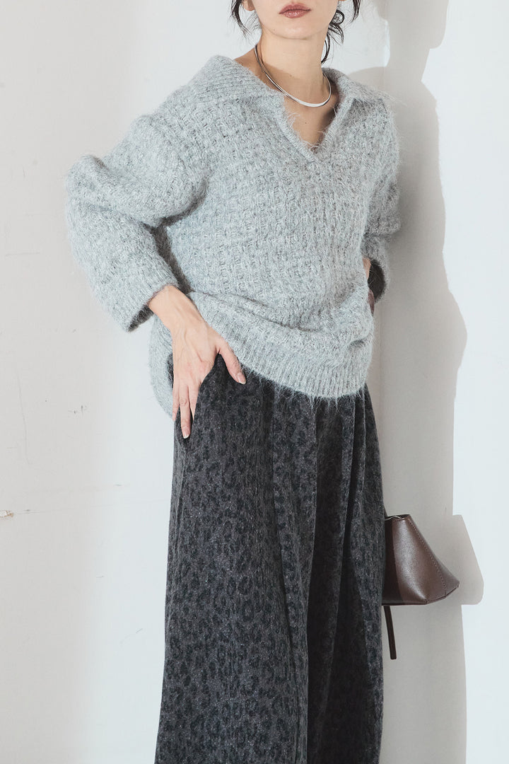 [SET]襟付きVネックニットトップス+リラックスレオパード柄ワイドパンツ(2set)