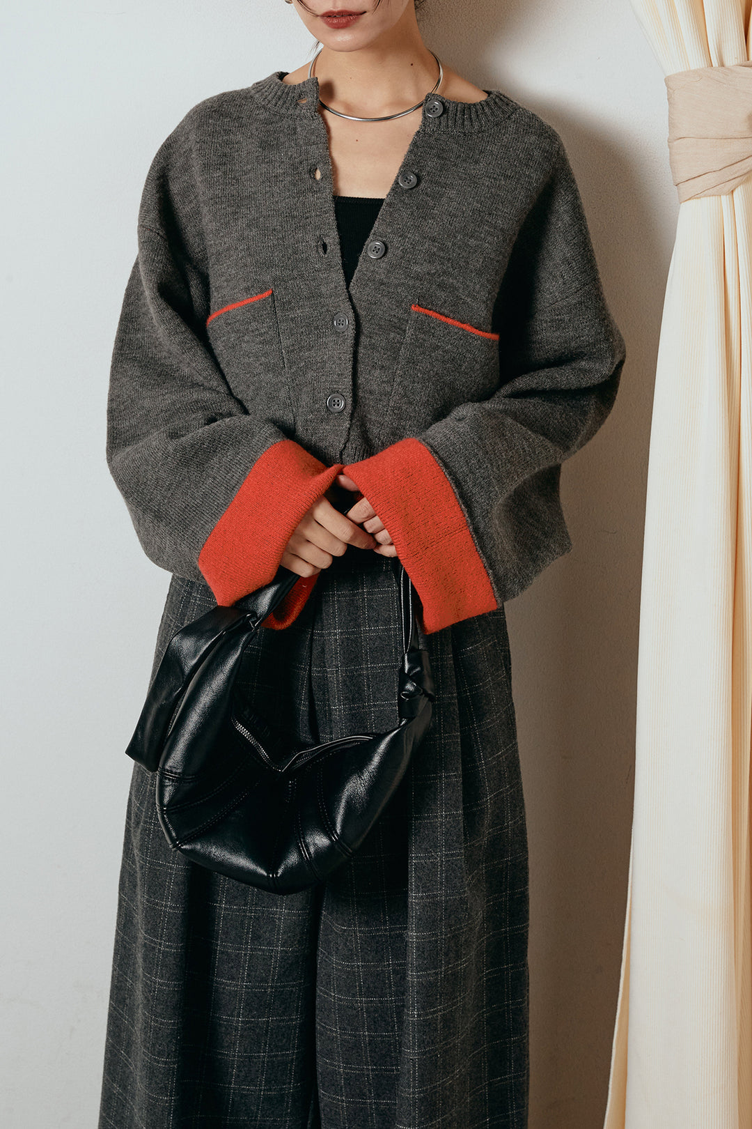 [SET]アルパカタッチダブルフェイスカーディガン+ウールライクチェックタックパンツ(2set)