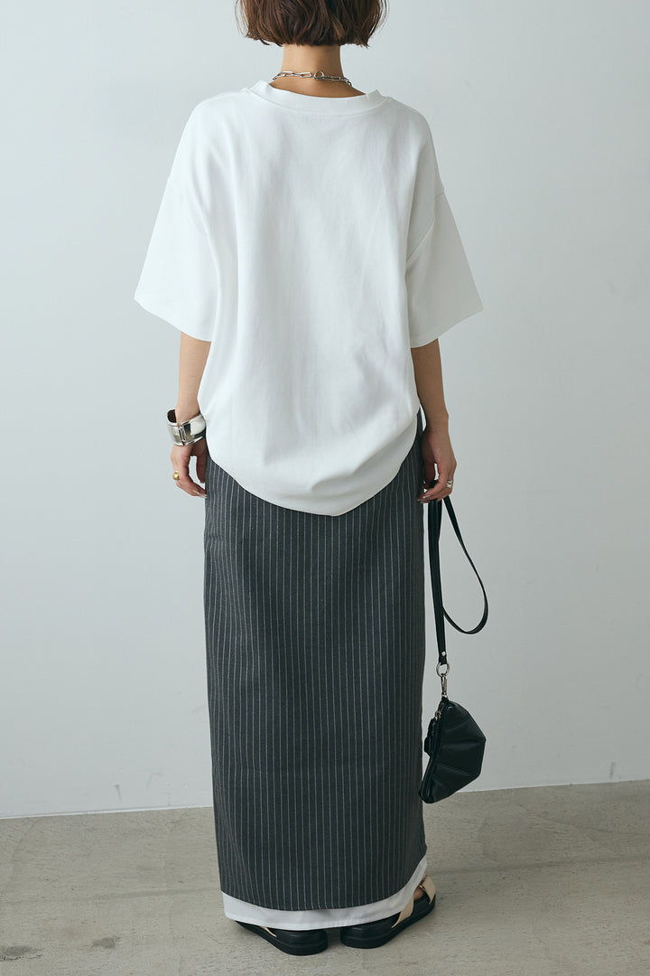 [SET]スクエアレース刺繍Tシャツ+ストライプストレートスカート(2set)