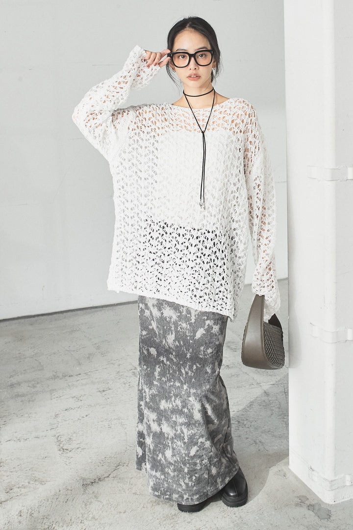 [SET]リラックスメッシュニットトップス+タイダイ柄ベロアワイドスカート(2set)