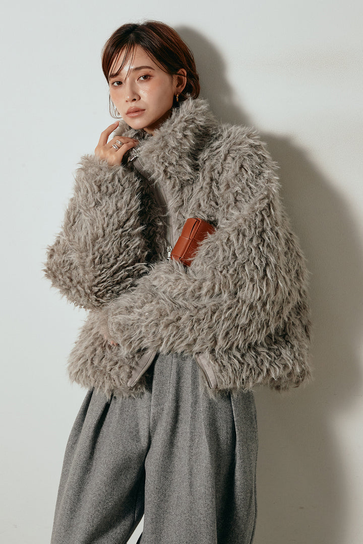 [SET]ミックスシープファースタンドブルゾン+フェイクウールタックトラウザーズパンツ(2set)