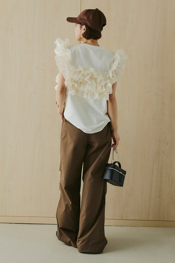 [SET]天竺ナイロンドッキングビスチェ風トップス+ニーサイドタックウエストドロスパンツ(2set)