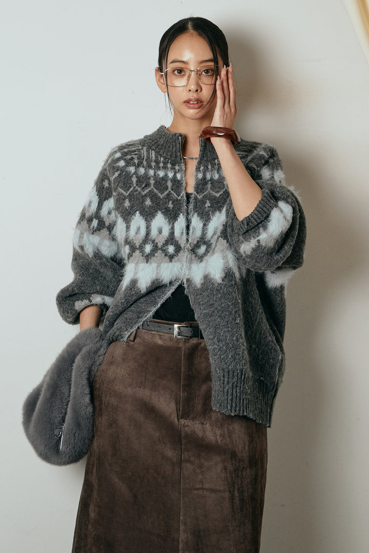 [SET]起毛ダブルジップパターンニットカーディガン+エコスウェードワイドスカート(2set)