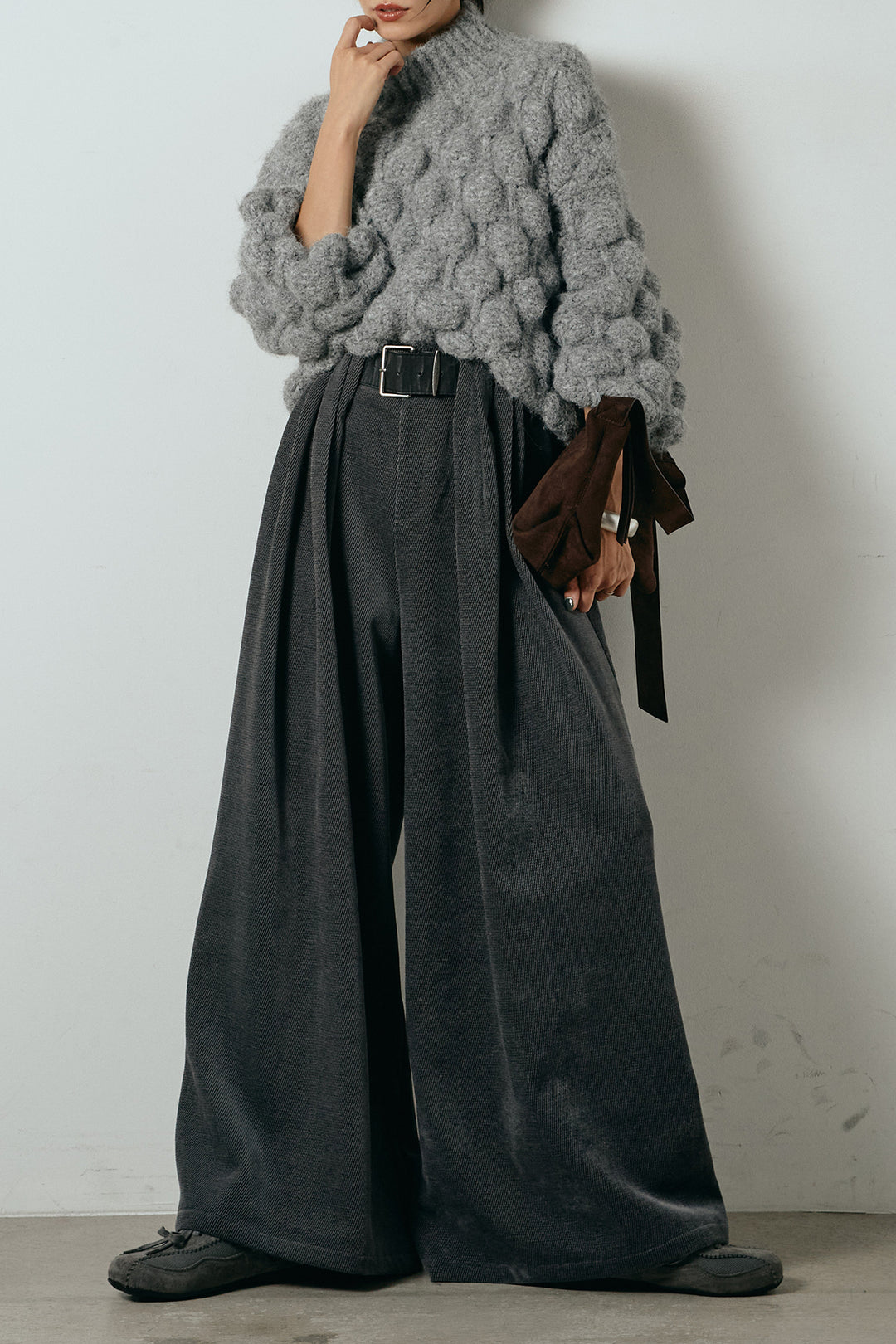 [SET]ボリュームポップコーンニットトップス+ベルトループコーデュロイワイドパンツ(2set)