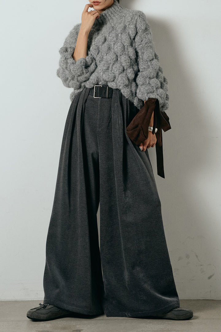 [SET]ボリュームポップコーンニットトップス+ベルトループコーデュロイワイドパンツ(2set)