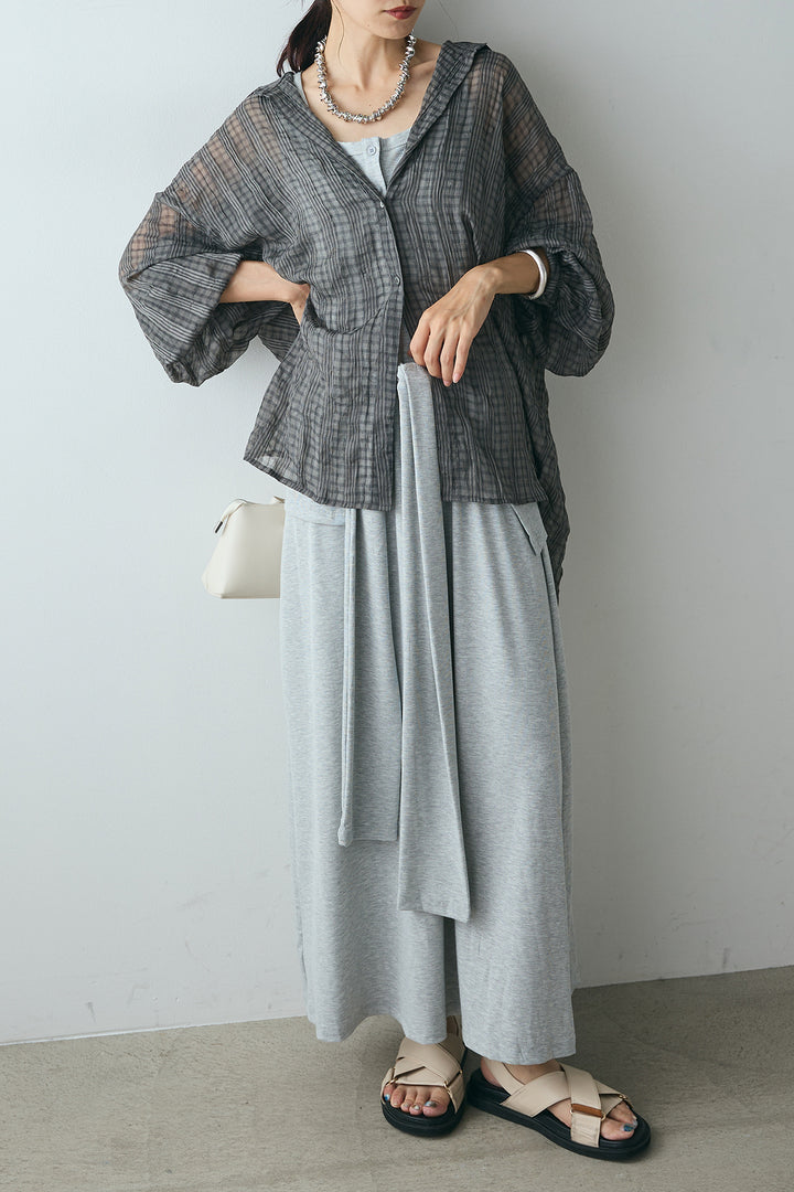 [SET]シアーマルチチェック柄シャツ+ウエスト巻きリブロングワンピース(2set)
