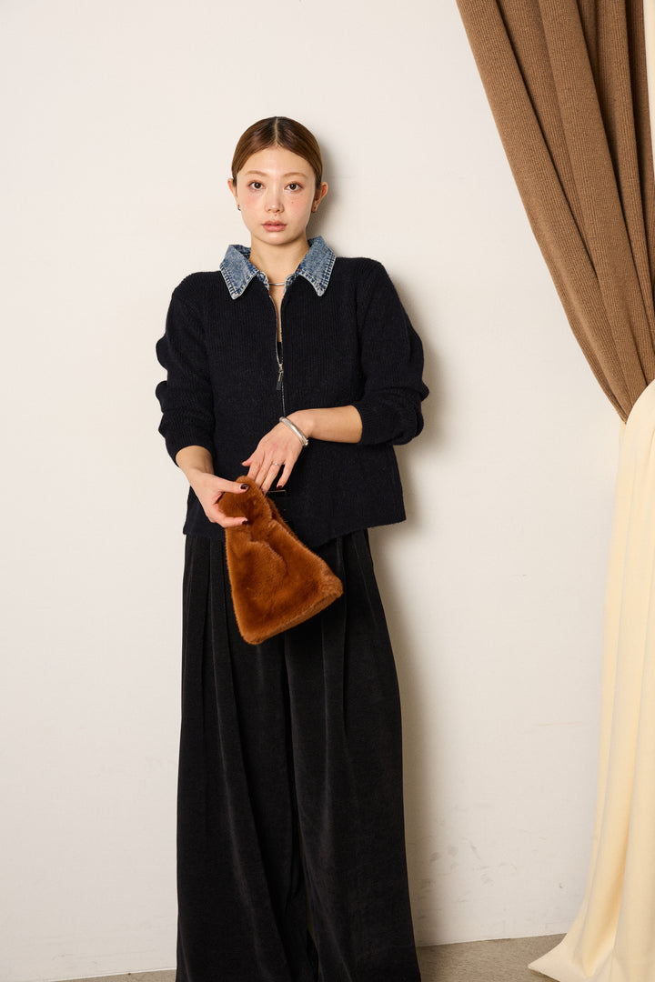 [SET]デニム襟ダブルジップニットトップス+ベルトループコーデュロイワイドパンツ(2set)