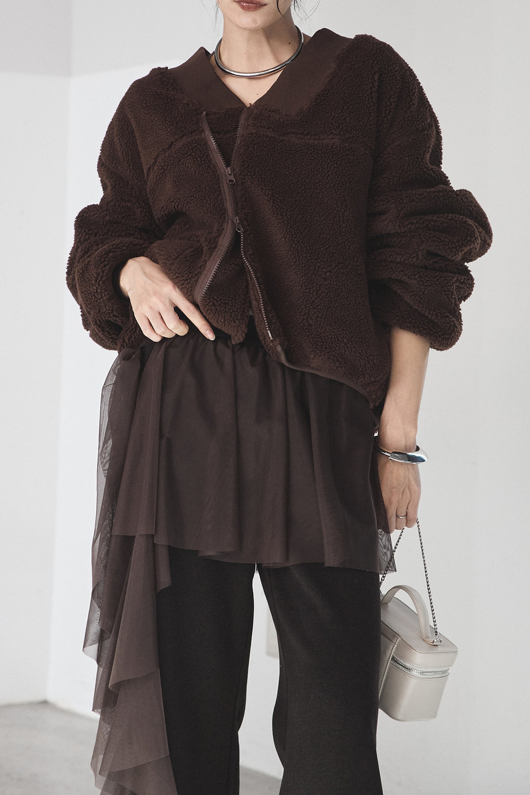 [SET]ノーカラーリブボアアウター+チュールレイヤードニットパンツ(2set)