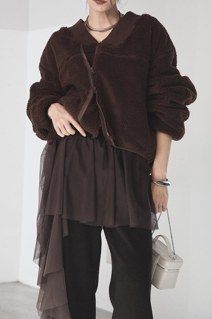 [SET]ノーカラーリブボアアウター+チュールレイヤードニットパンツ(2set)