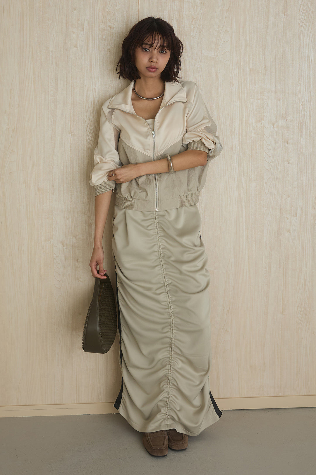 [SET]異素材切替ZIPブルゾン+サイドラインギャザースカート(2set)