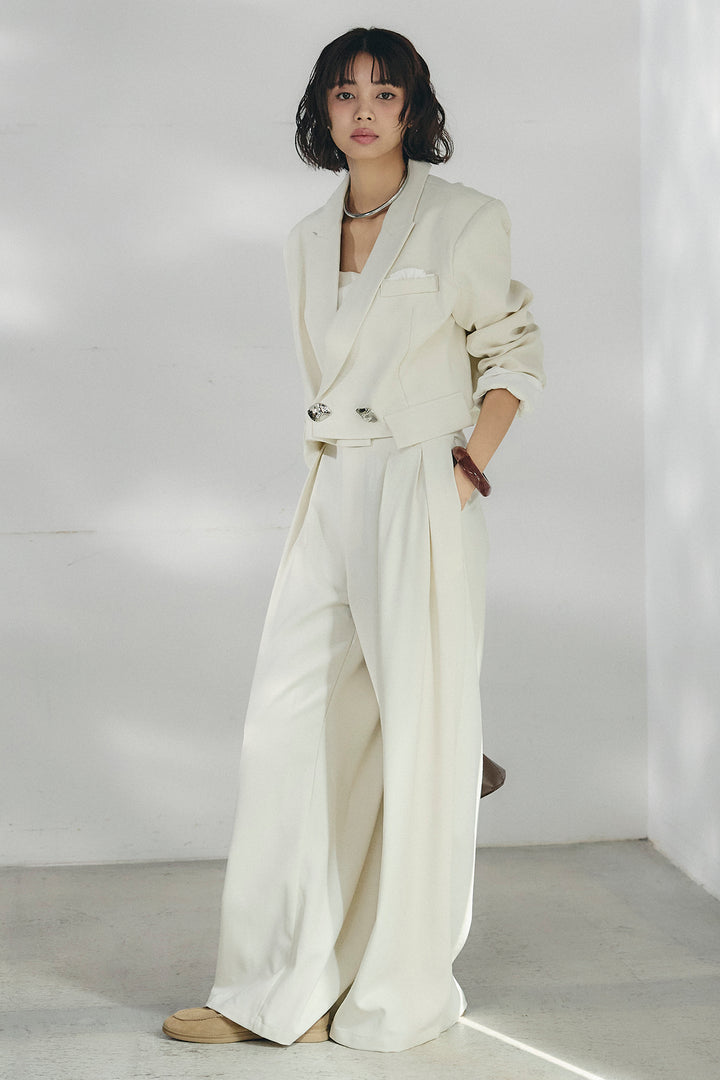 [SET]メタルプレートショート丈ジャケット+メタルプレートタックワイドパンツ(2set)