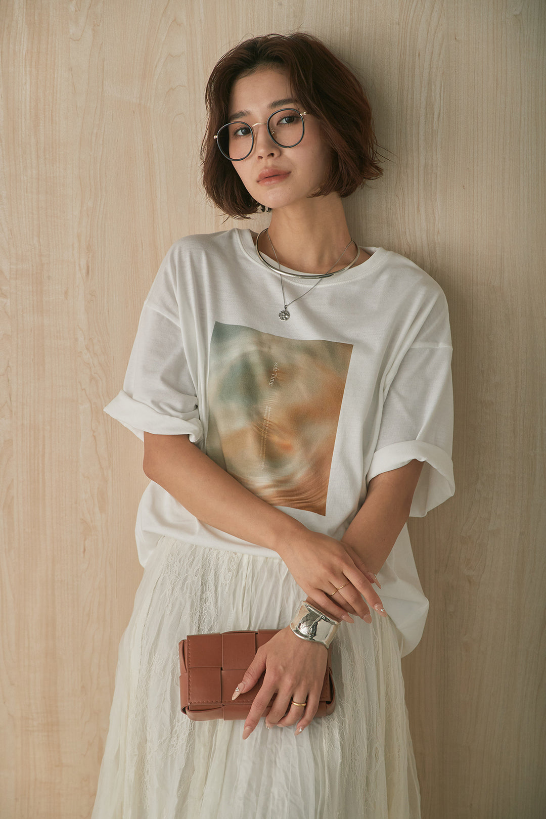 [SET]MarbleプリントTシャツ+レースコンビワッシャーギャザースカート(2set)