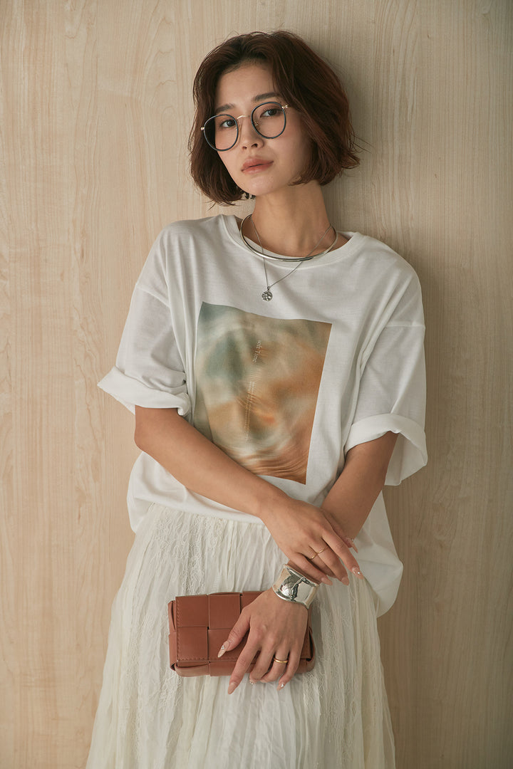 [SET]MarbleプリントTシャツ+レースコンビワッシャーギャザースカート(2set)