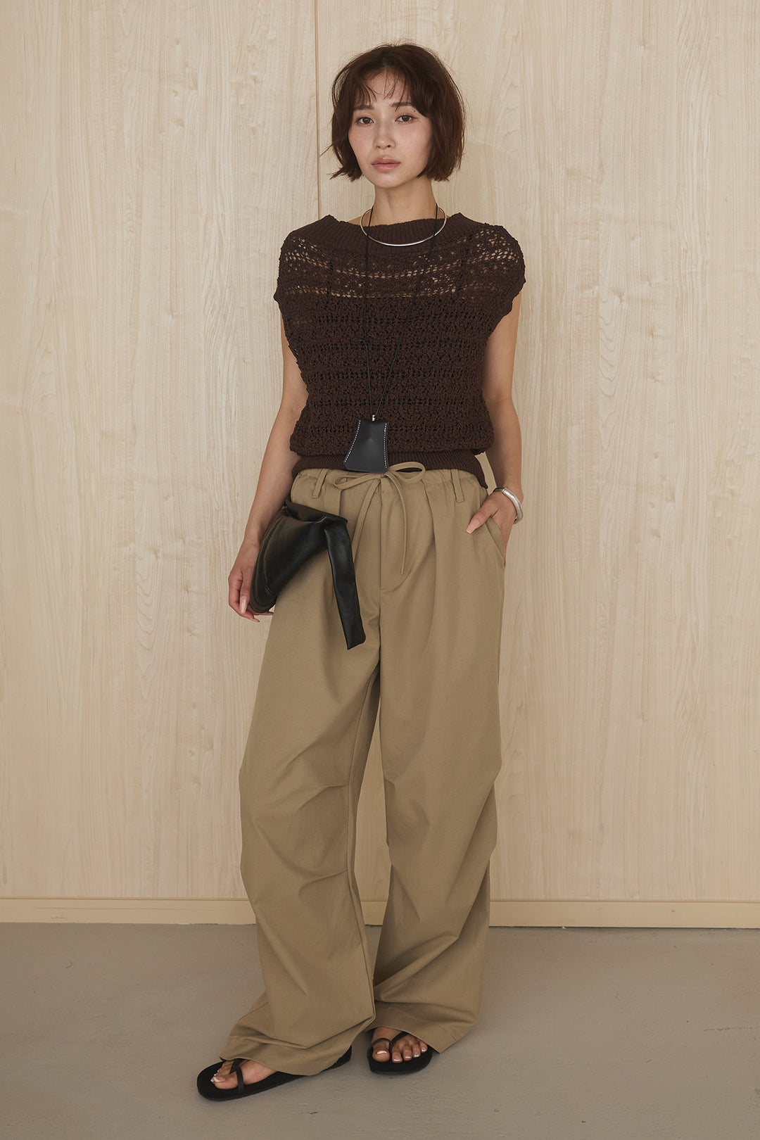 [SET]透かしレース編みフレンチニット+ニーサイドタックウエストドロストパンツ(2set)