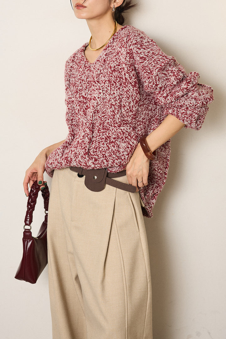 [SET]Vネックミックス編みニットトップス+ポーチベルト付きカーブパンツ(2set)