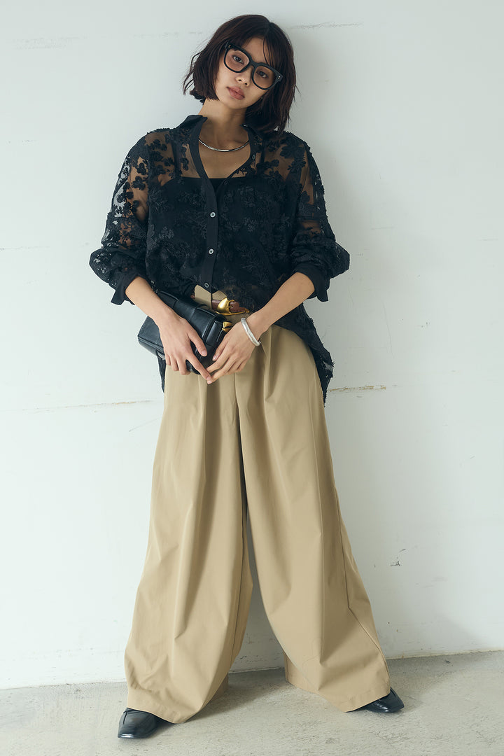 [SET]立体フラワー刺繍レースシャツ+ベルトループデザインハイウエストタックパンツ(2set)
