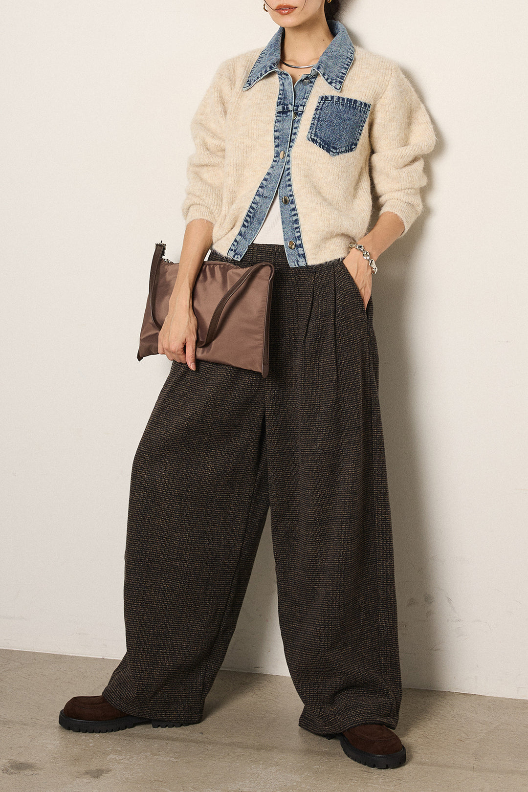 [SET]襟付きデニム切替ニットカーディガン+起毛タック入りツイードワイドパンツ(2set)