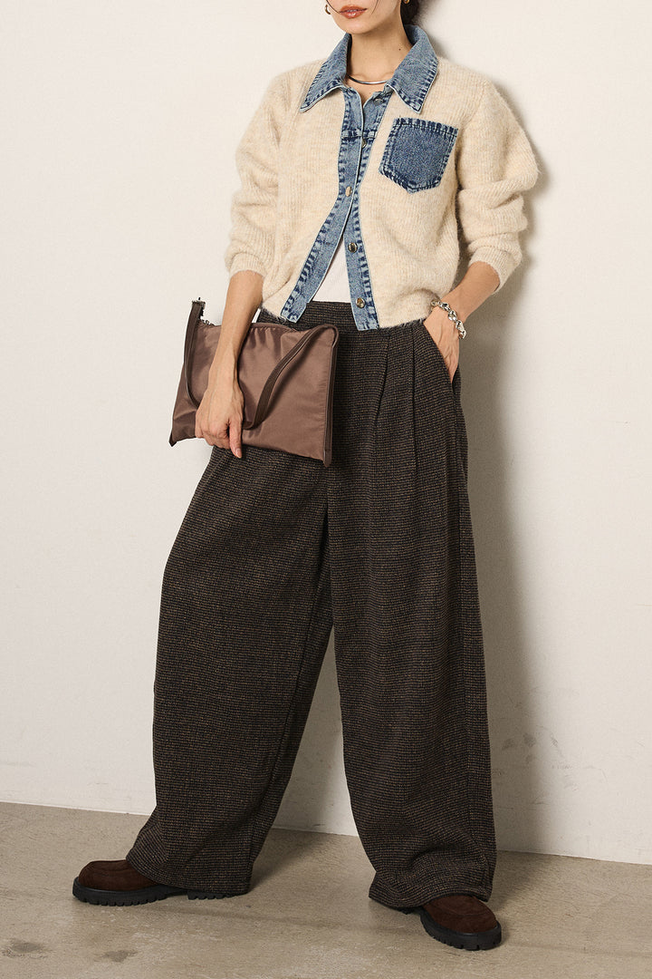 [SET]襟付きデニム切替ニットカーディガン+起毛タック入りツイードワイドパンツ(2set)