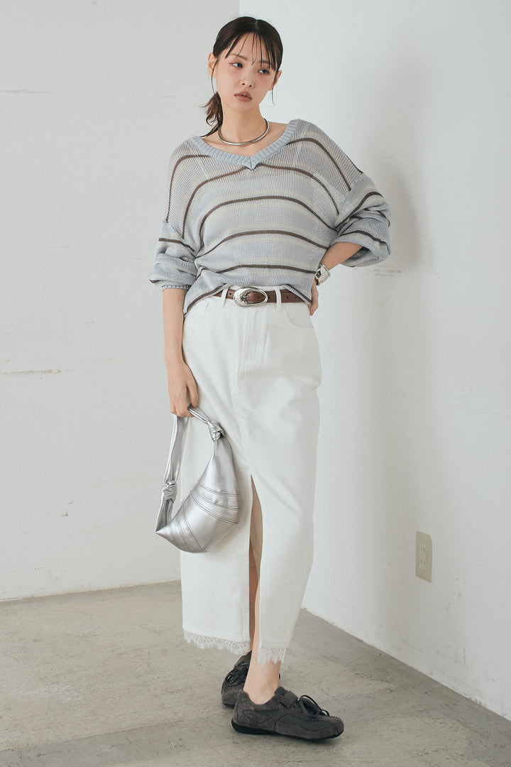 [SET]綿タッチVネックボーダートップス+裾レースデザインデニムスカート(2set)