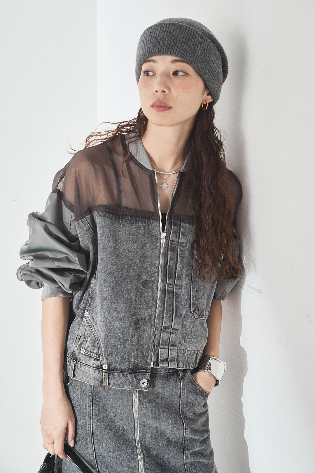 [SET]デニムコンビネーションブルゾン+フロントジップデニムスカート(2set)