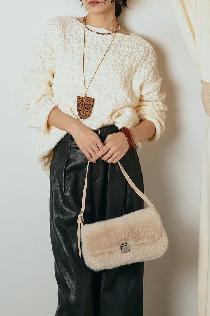 [SET]ボリューム編みニットプルオーバー+ベルト付きレザーライクタックパンツ(2set)