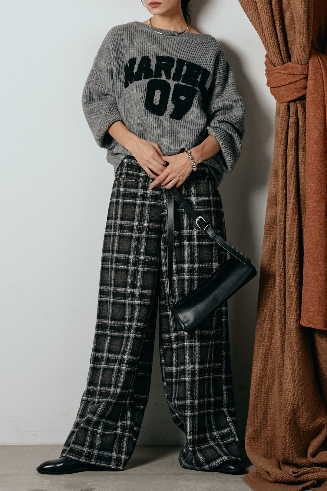 [SET]ロゴジャガードニットトップス+ルーズタータンチェックワイドパンツ(2set)