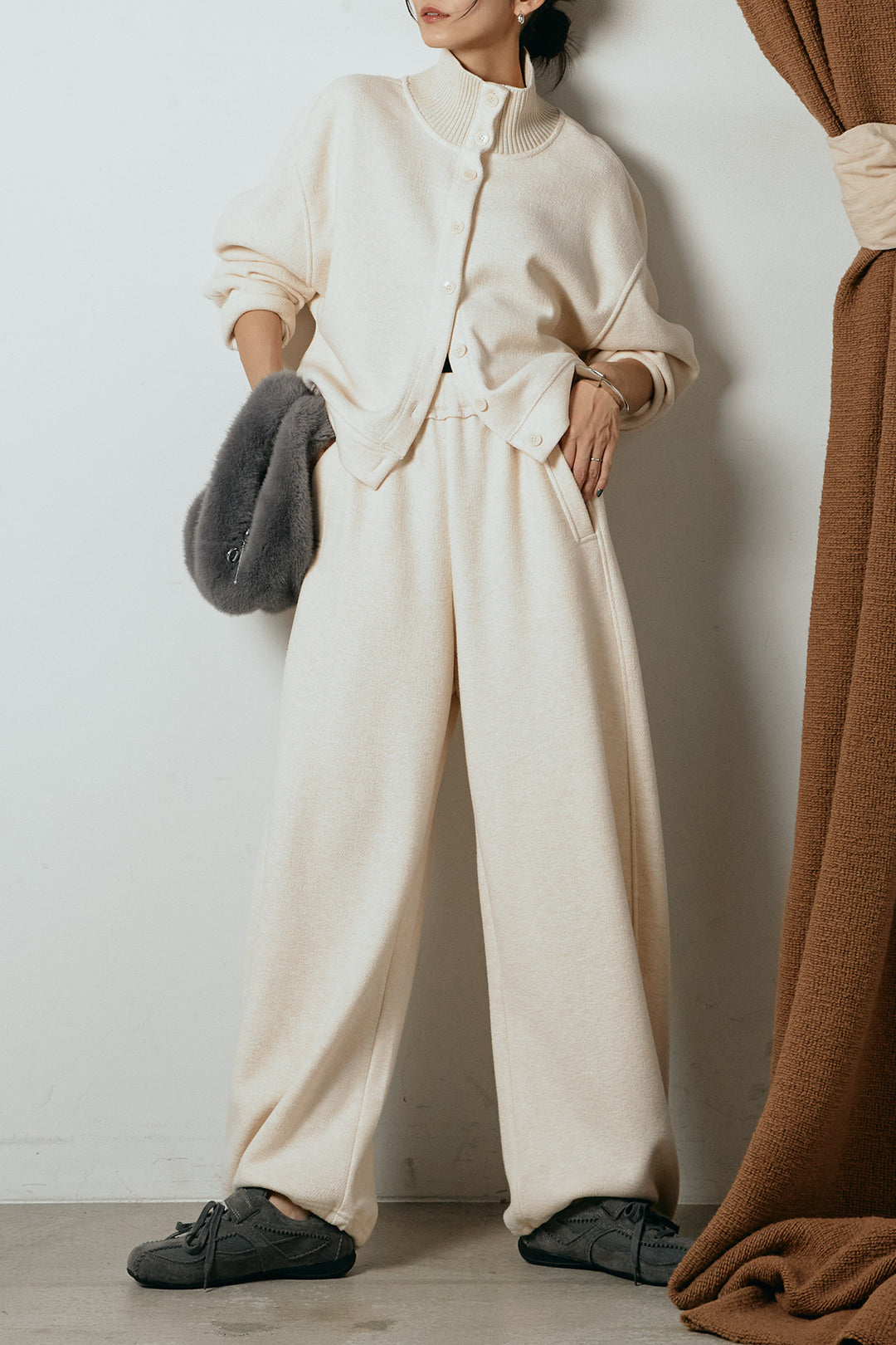 [SET]リブスタンドネックボタントップスSETUP