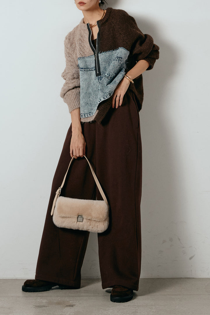 [SET]ハーフジップニットデニムドッキングトップス+裏起毛スウェットワイドパンツ(2set)