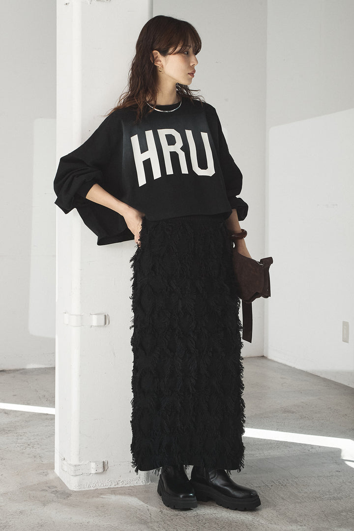 [SET]ビッグロゴHRU袖ボリュームトップス+カットフリンジニットタイトスカート(2set)