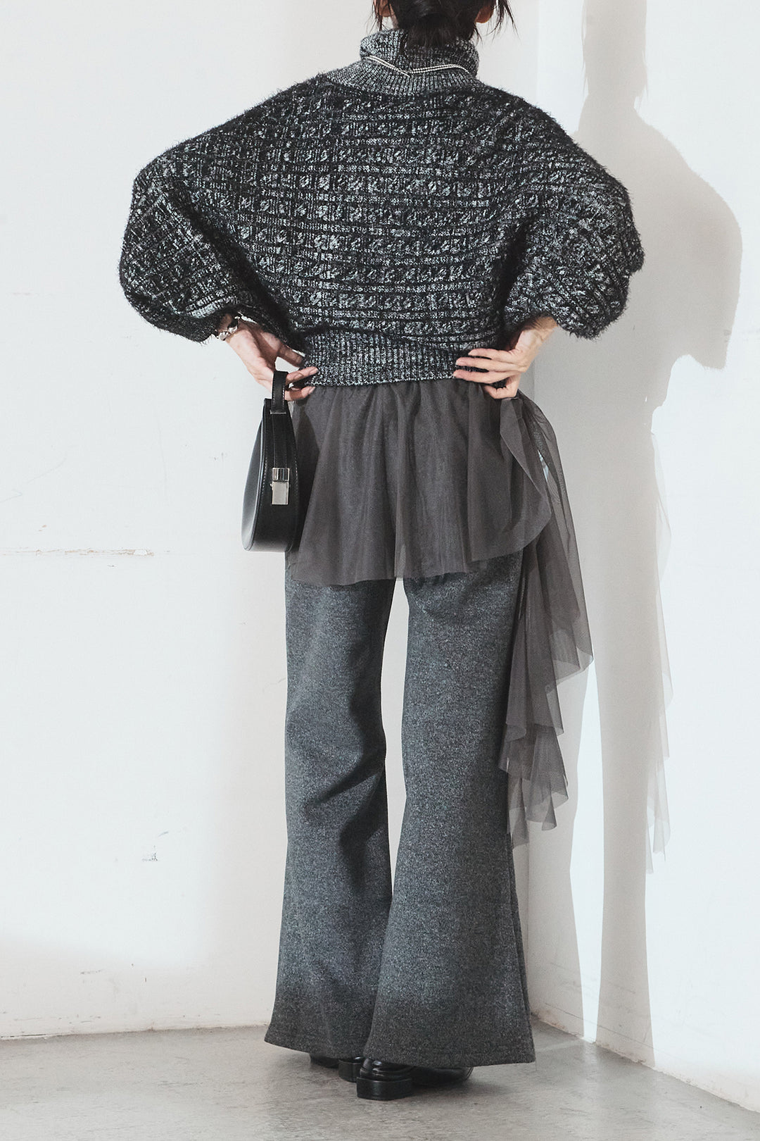 [SET]ミックス編みドルマンニットトップス+チュールレイヤードニットパンツ(2set)