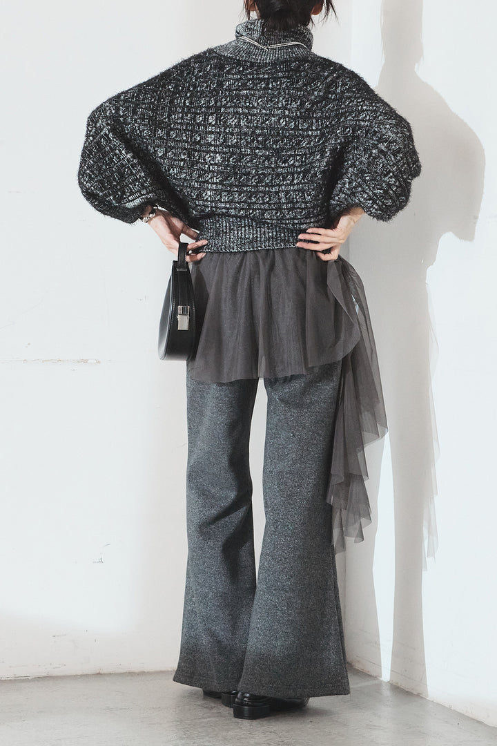 [SET]ミックス編みドルマンニットトップス+チュールレイヤードニットパンツ(2set)