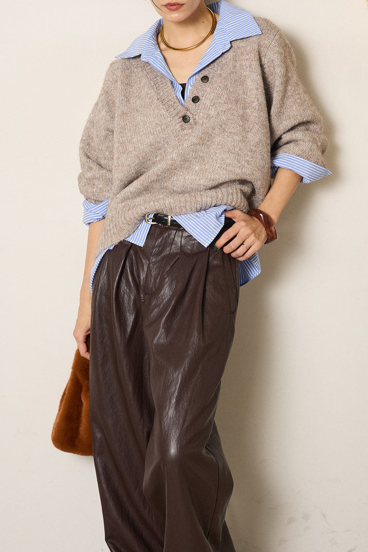 [SET]ストライプシャツドッキングニットポロトップス+ベルト付きレザーライクタックパンツ(2set)