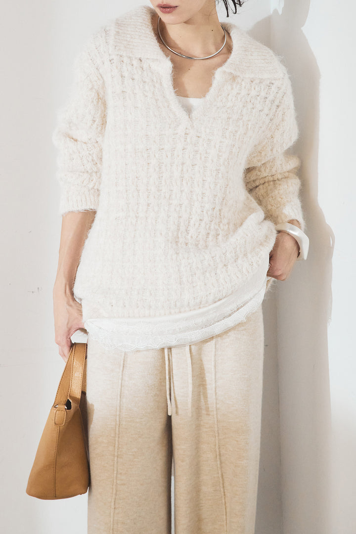 [SET]襟付きVネックニットトップス+レース切り替えキャミソール(2set)