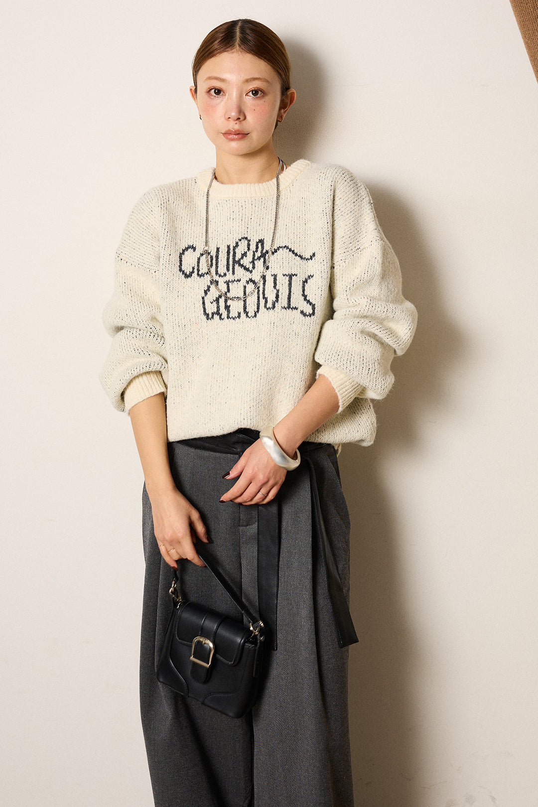 [SET]ロゴシャギーニットプルオーバー+巻ベルトウエストレザーライクワイドパンツ(2set)