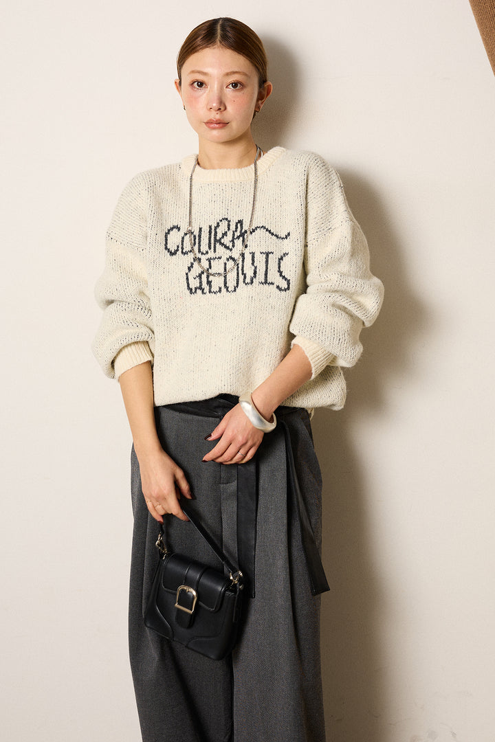 [SET]ロゴシャギーニットプルオーバー+巻ベルトウエストレザーライクワイドパンツ(2set)