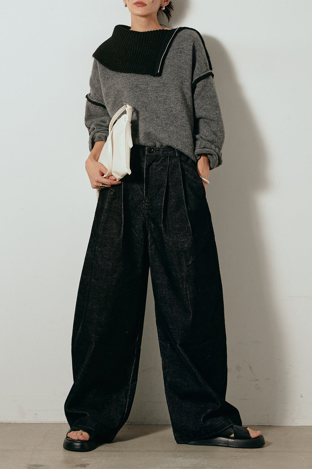 [SET]ハイネックジップデザインニットトップス+フロントタック入りコーデュロイパンツ(2set)