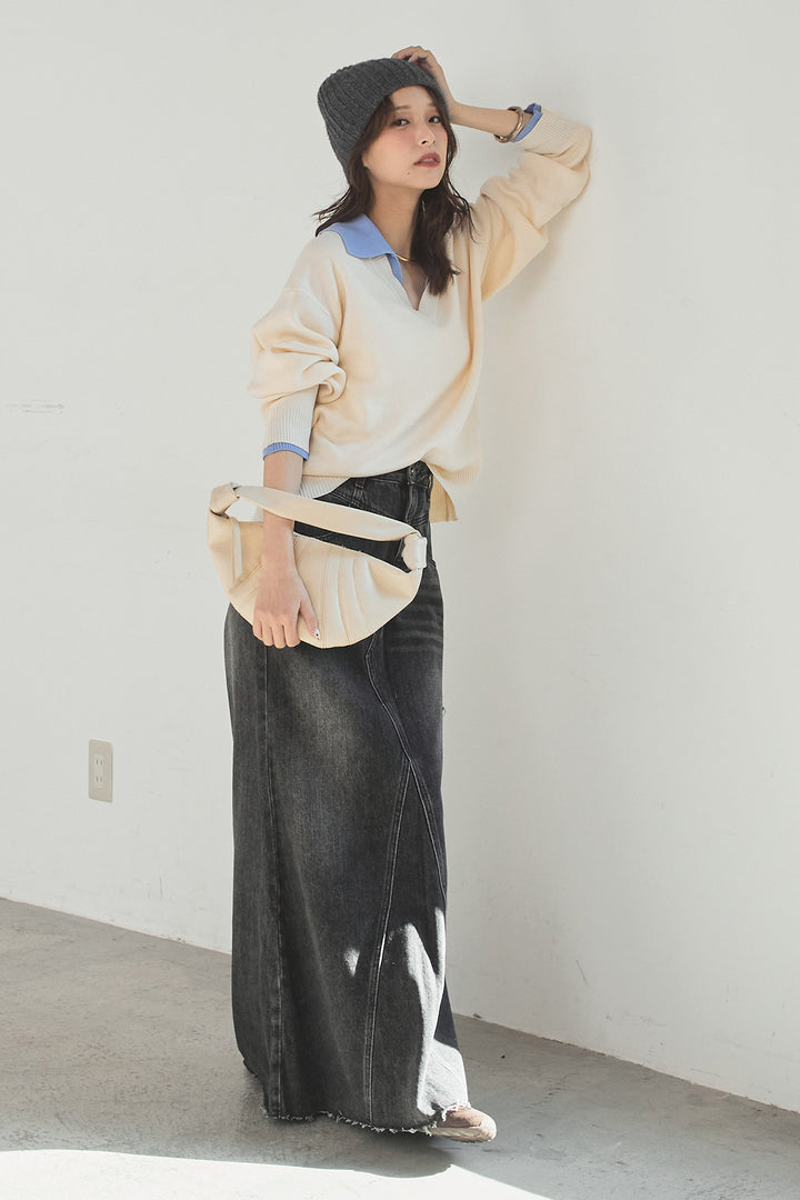 [SET]バイカラーニットレイヤード風プルオーバー+Aラインデニムスカート(2set)