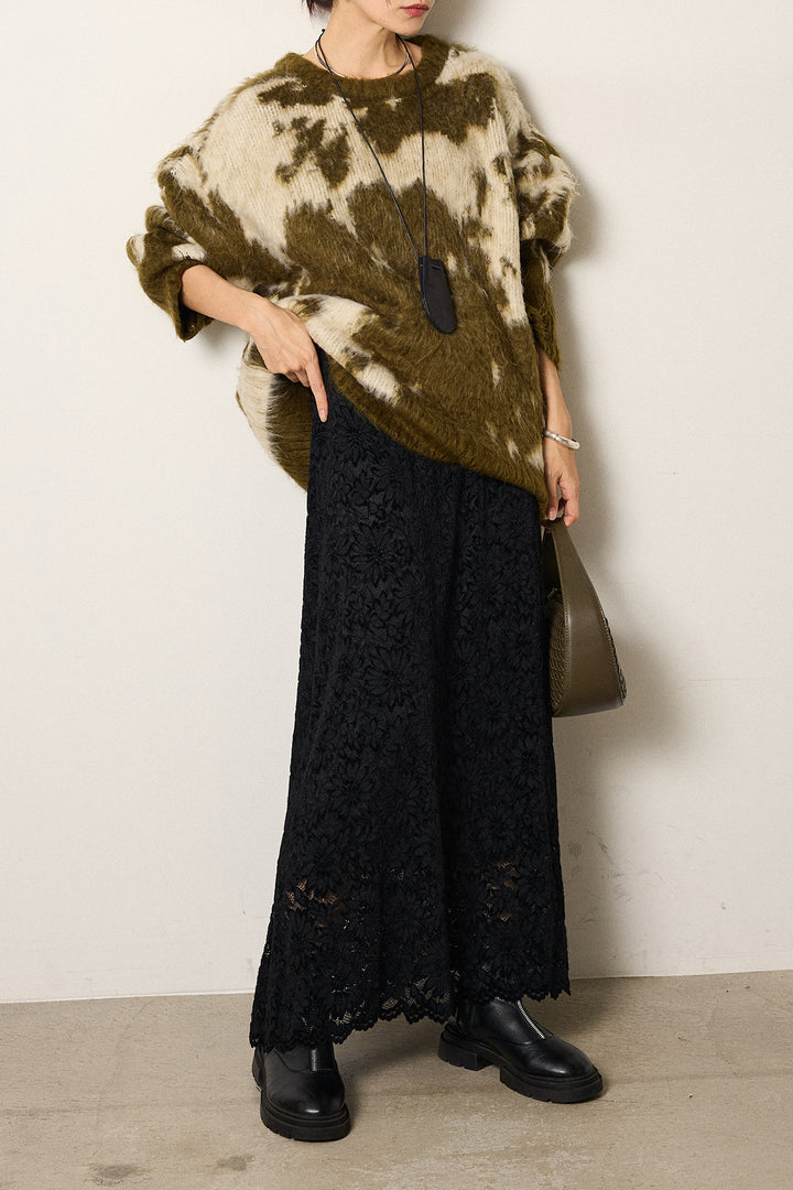 [SET]モヘアタッチマーブルニット+花柄刺繍ベロアフレアスカート(2set)