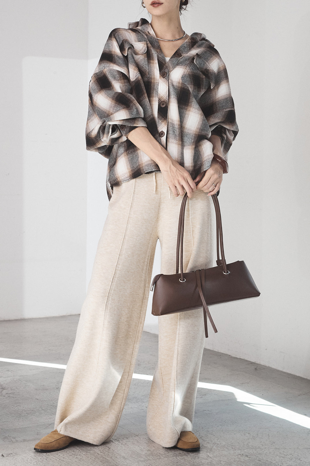 [SET]オンブレーチェックビッグシルエットCPOシャツ+センターラインニットパンツ(2set)