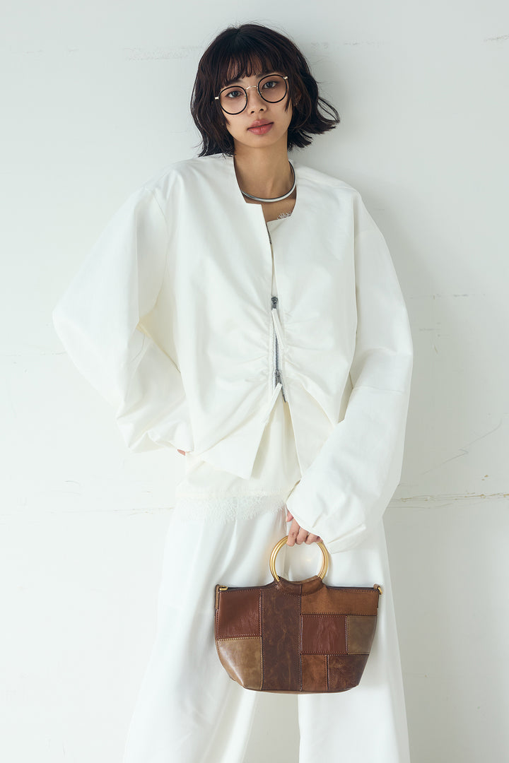 [SET]ノーカラーフロントギャザージップアウター+ブロード切り替えぺプラムタンク(2set)