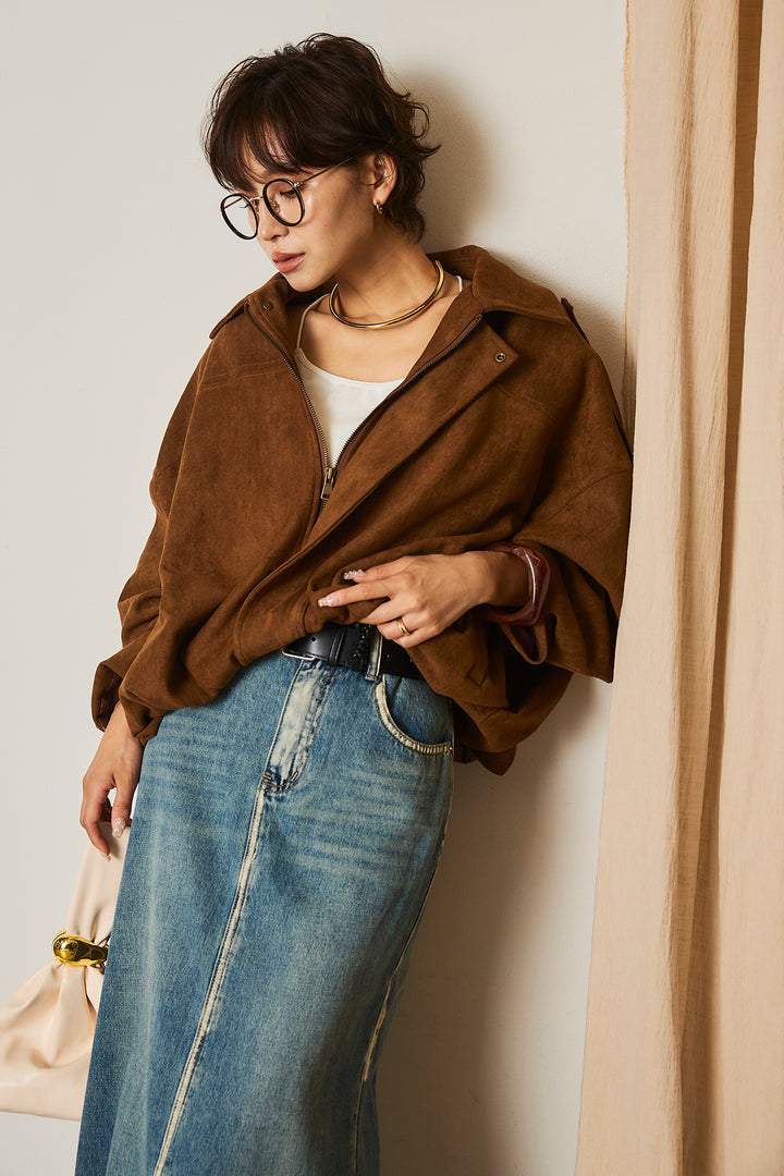 [SET]バルーンシルエットフェイクスエードブルゾン+フェイクレザー太ベルト付きデニムワイドスカート(2set)