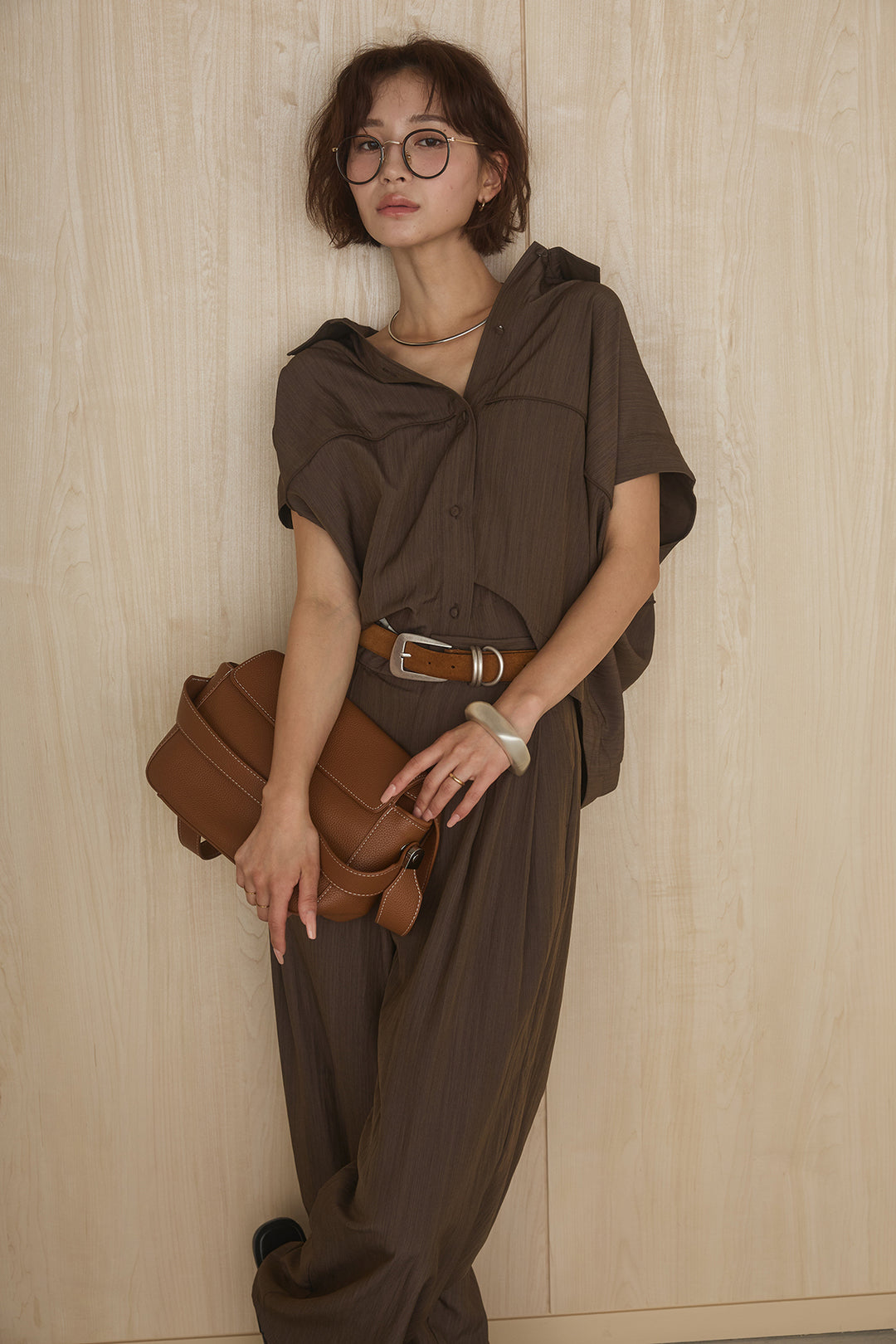 [SET]リネンライクランタンノースリシャツ+リネンライク2タックワイドパンツ(2set)