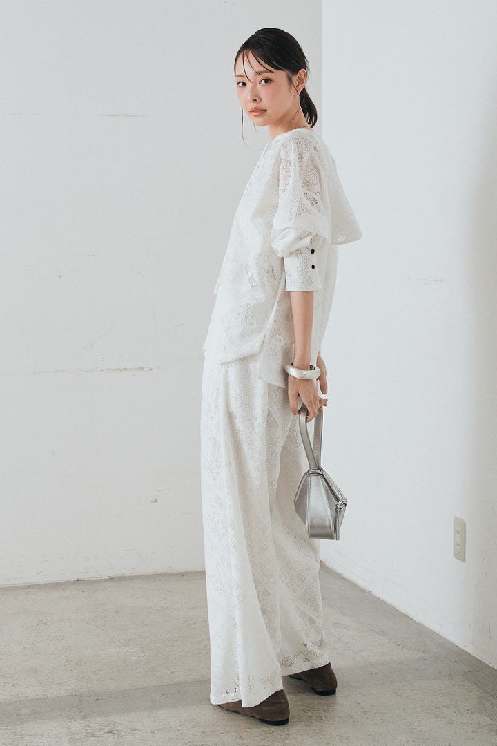 [SET]ブロックレースフード付きブラウス+リラックスブロックレースワイドパンツ(2set)