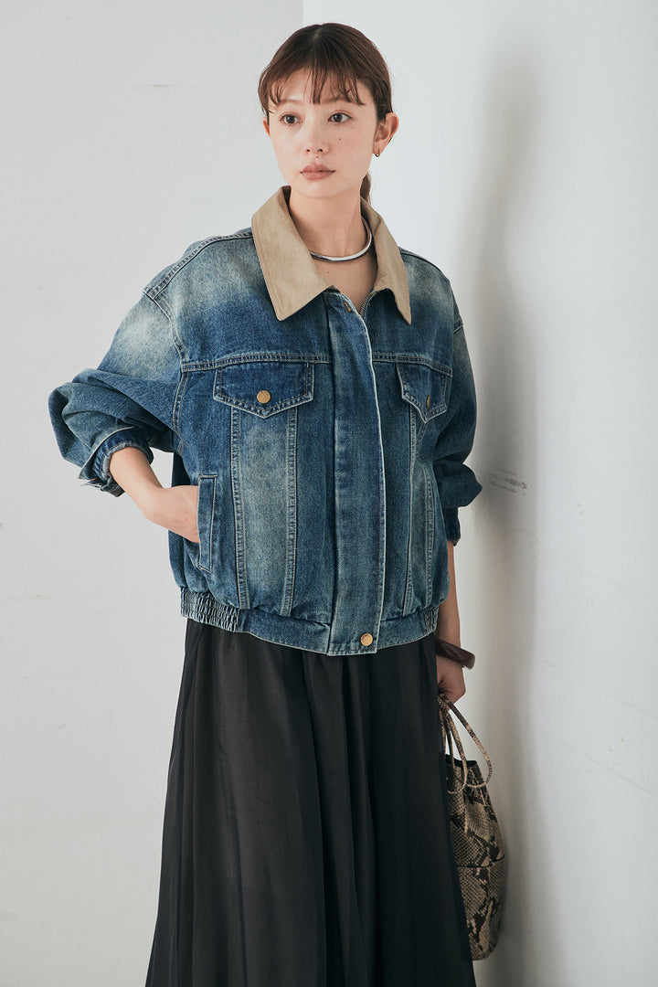 [SET]襟切り替えジップデニムジャケット+リラックスシアーフレアスカート(2set)