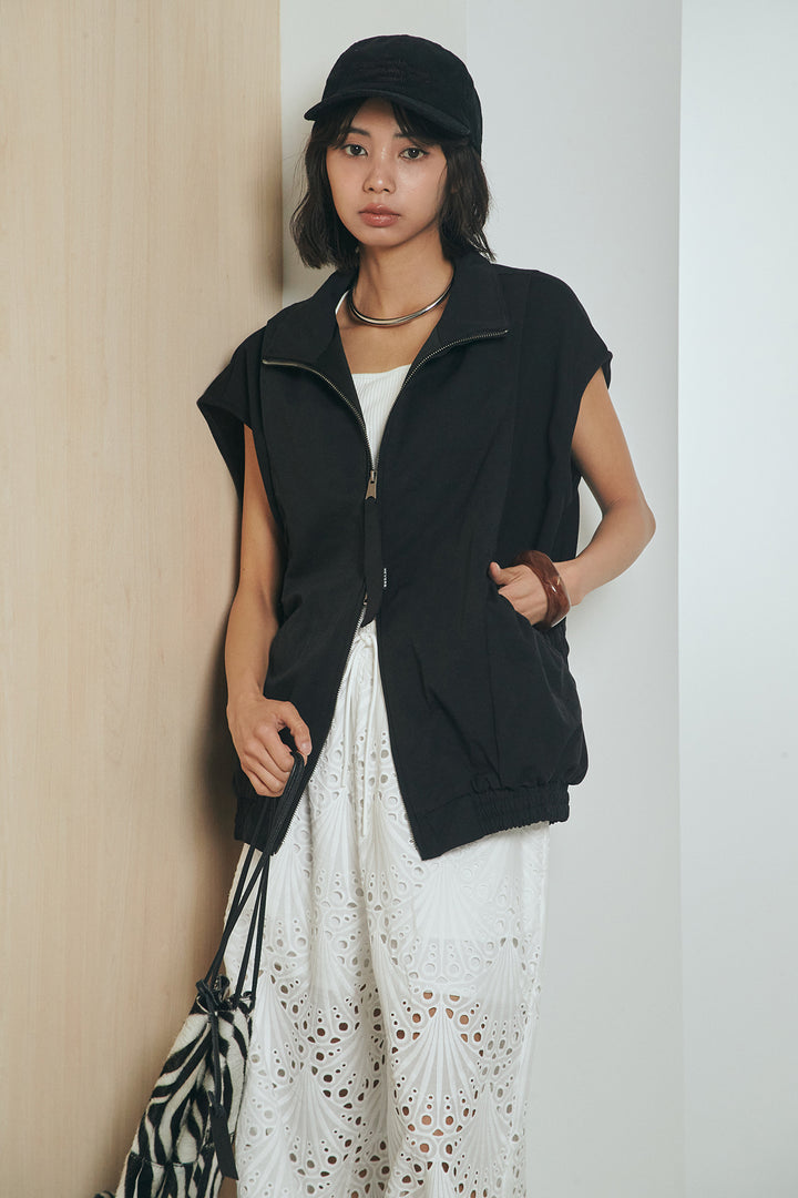 [SET]ショルダー切替スタンドネックジップベスト+レース刺繍リラックスパンツ(2set)