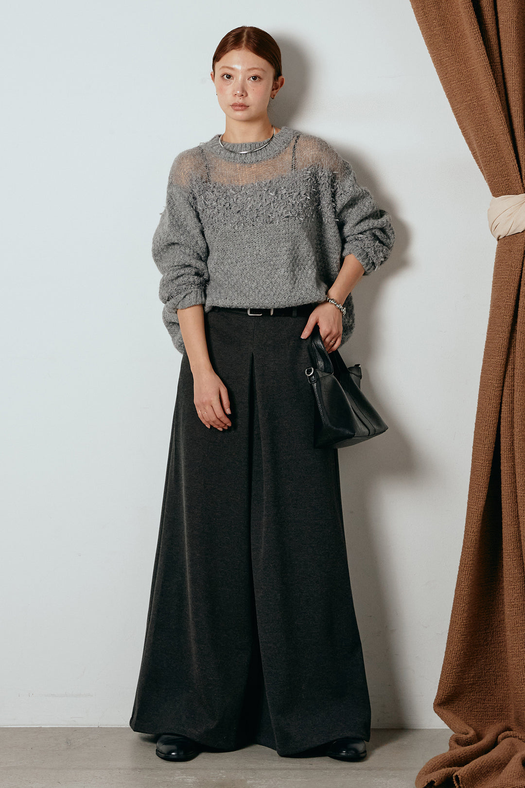 [SET]パターンランダム編みニットトップス+ベルト付きフロントタックデザインパンツ(2set)