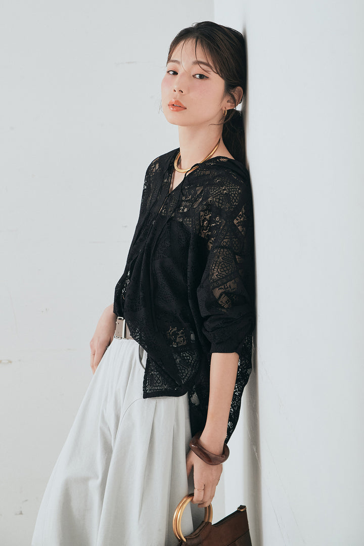 [SET]ブロックレースフード付きブラウス+ベルト付きサイドタックワイドパンツ(2set)