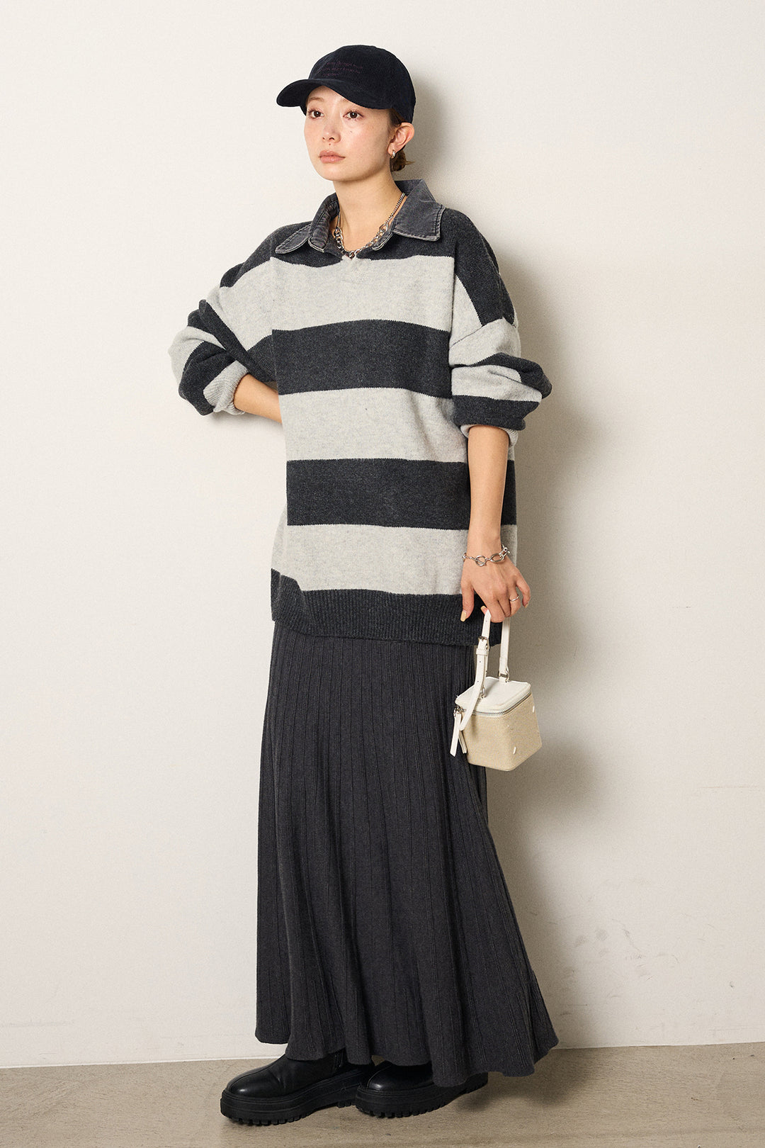 [SET]デニムカラーボーダールーズニット+編み地切り替えフレアニットスカート(2set)